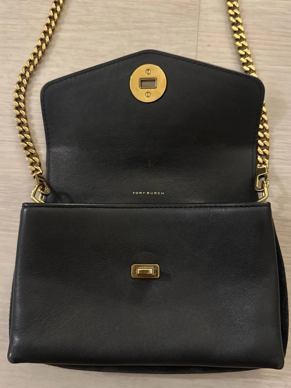 Tory Burch Black Leather Crossbody with Gold Chain Strap